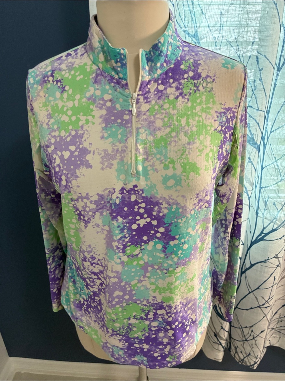 IBKUL Long-Sleeve Half-Zip Pullover in Purple, Green & White